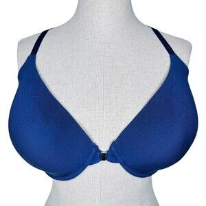Adore Me Racerback Demi Bra sz 36DDD * Royal Blue & Lace Trim Y Back Front Close